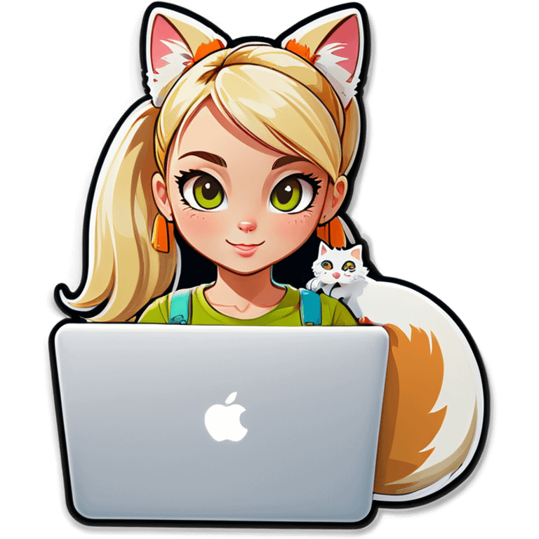 Blonde girl ponytail macBook and a cat emoji