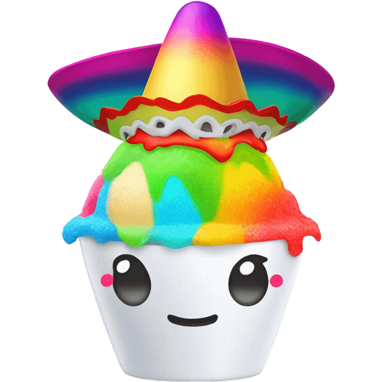 Shaved ice character in a white cup with arms and legs with a rainbow head and a Mexican sombrero  emoji