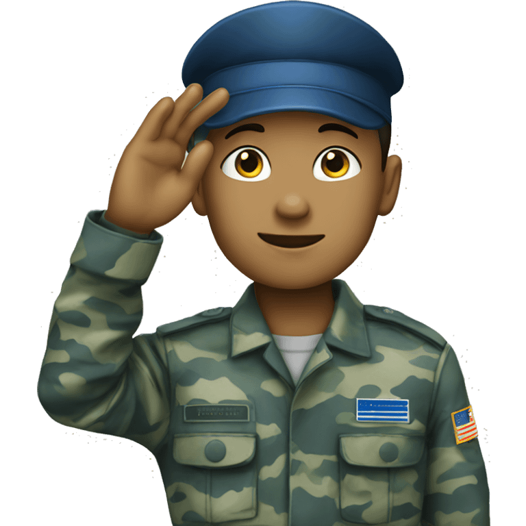 Blue camouflage uniform light skin boy saluting with his hand emoji