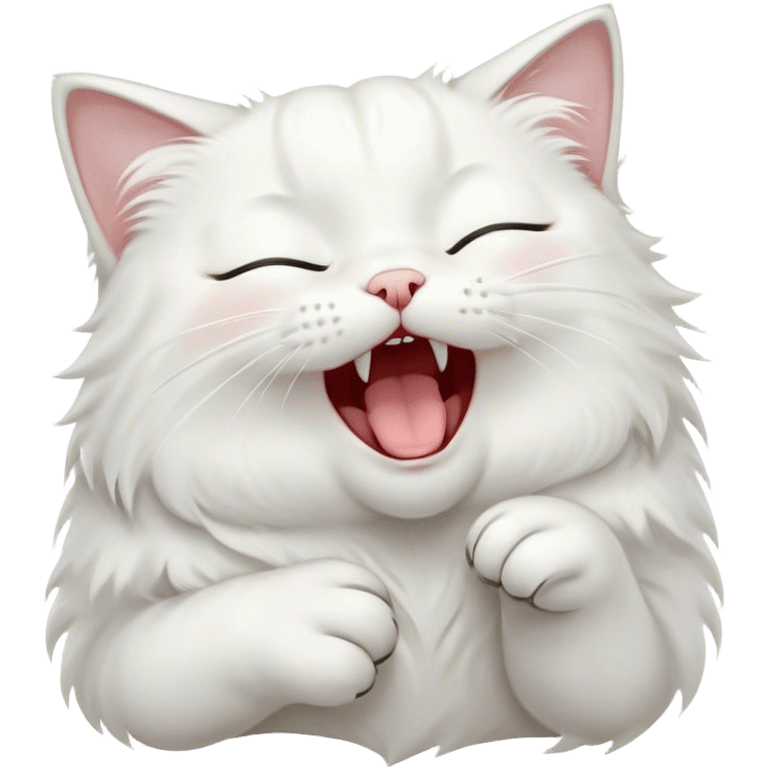 Cinematic Cute Yawning White Cat Portrait Emoji, Head gently tilted with an endearing, wide-open yawn and softly closed eyes, showcasing a pristine white fur with delicate hints of silver, simplified yet irresistibly adorable, highly detailed, glowing with a tender, cozy radiance, high shine, exuding sleepy charm and gentle affection, styled with a soft glowing outline, capturing the essence of a white cat caught mid-yawn, radiating pure, adorable lethargy! emoji