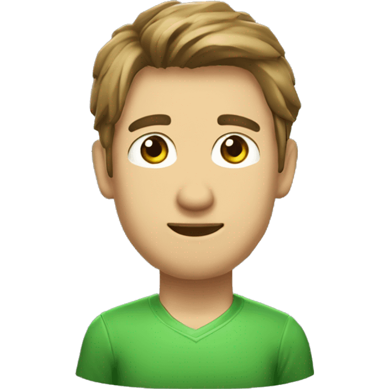 Un hombre de tez clara, pelo castaño y liso, ojos verdes, muy lindo y con audífonos gamer emoji