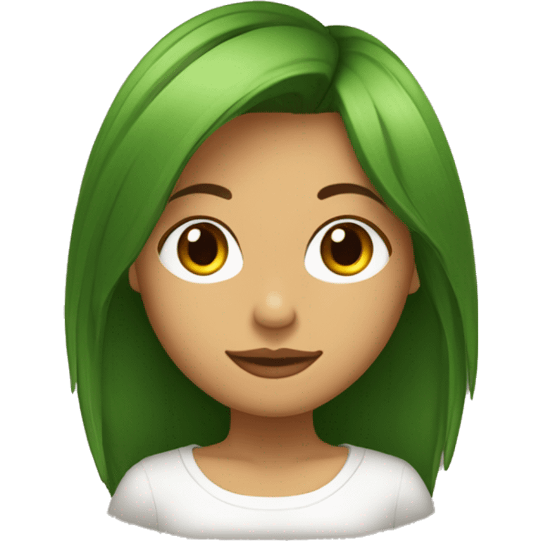 Chica con el pelo cortado capas color castaño y ojos verdes, cara redonda emoji