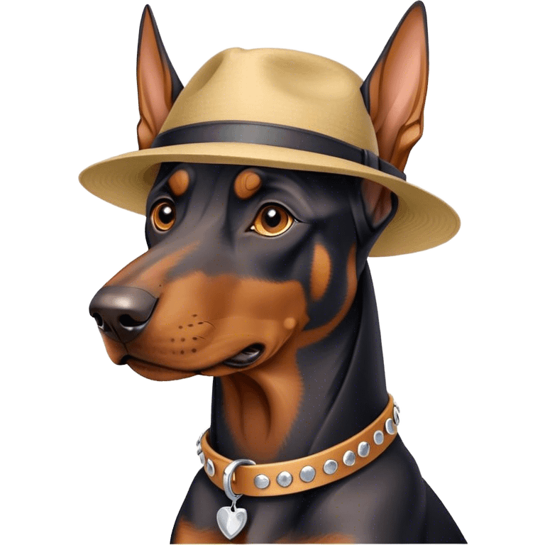 Doberman wearing a collar and hat emoji