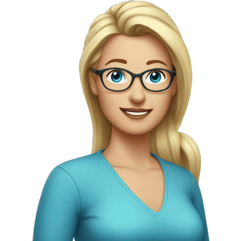 mature woman with long blonde hair in a ponytail, blue eyes, wearing glasses emoji