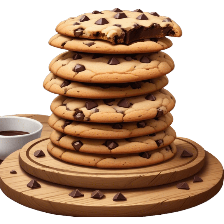 Cinematic crunchy chocolate chip cookies, freshly baked, golden-brown with gooey melted chocolate chunks, stacked on a rustic wooden plate, soft warm lighting, cozy and delicious. emoji