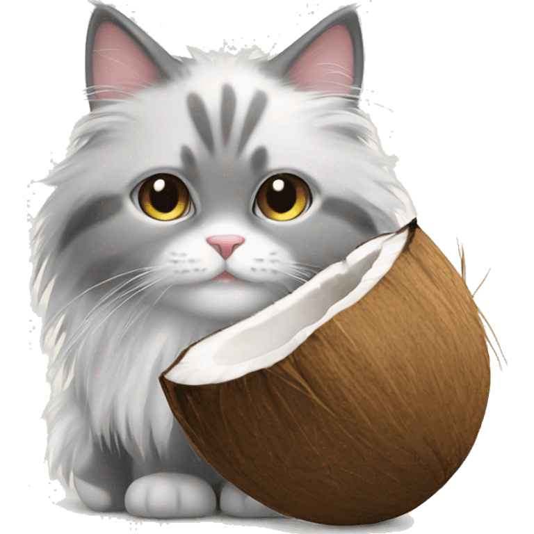 Grey and white fluffy cat in a coconut emoji