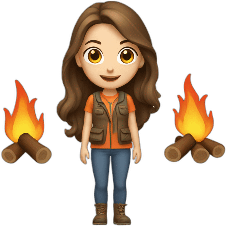 caucasian female camper with long brunette hair and campfire emoji