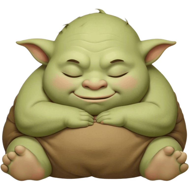 Meme-Worthy Cute Sleeping Ogre Portrait Emoji, with a surprisingly endearing, plump figure in soft earthy greens and browns, head drooping gently with closed, relaxed eyes and a content, sleepy grin, simplified yet adorably detailed, glowing with a soft warm outline that captures the peaceful slumber of a friendly ogre after a day of gentle mischief! emoji