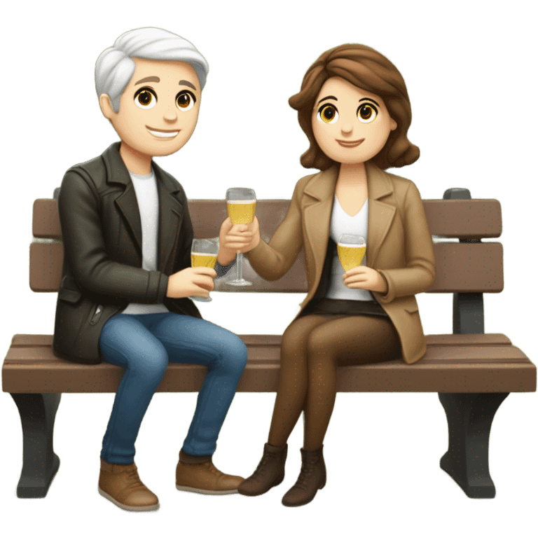 couple of white skin people and brown hair, sitting closely on a park bench, enjoying a romantic moment. One person is holding a croissant, and the other is holding a glass of Prosecco.  emoji