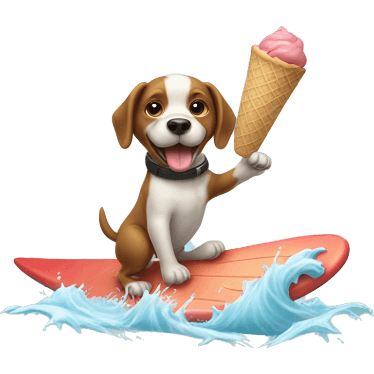 Dog surfing with ice cream cone while catching a fish emoji