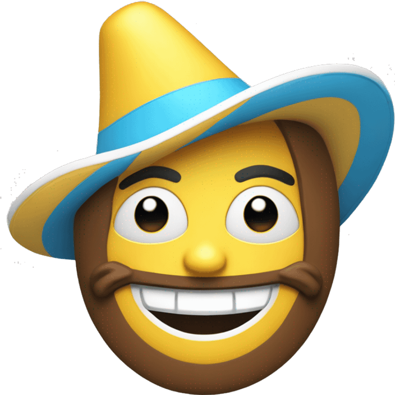 emoji amarillo  sonriente con sombrero de arlequin celeste y blanco emoji