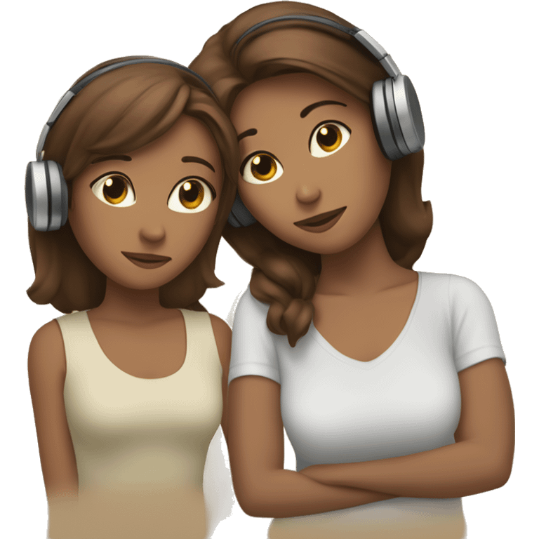 woman with brown, short hair wearing wired headphones sitting next to a woman with long brown hair resting her head on the other woman’s shoulder emoji