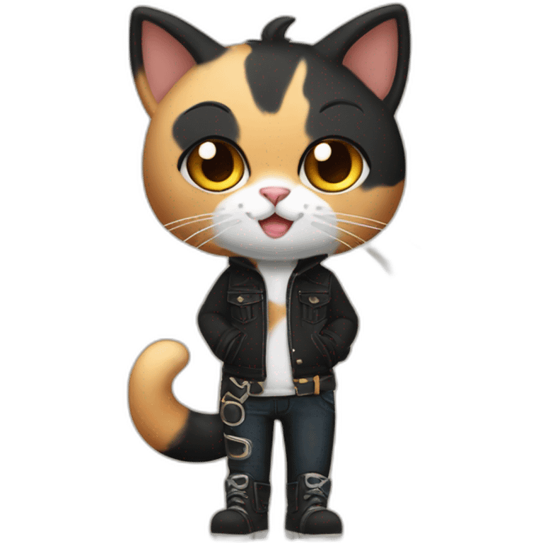 Halloween Meowscles is a buff anthropomorphic calico  cat  he has a shadow design with black  jeans emoji