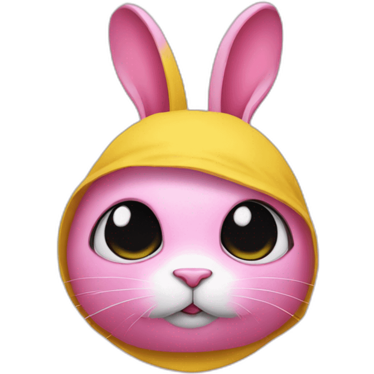 rabbit pink hiding eyes, wears teeshirt yellow emoji