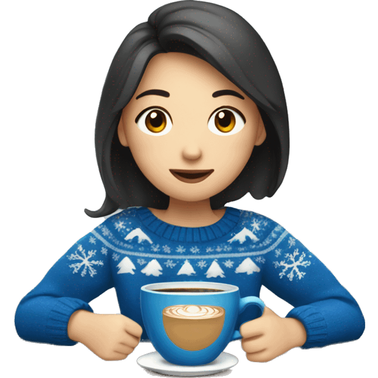 Asian girl drinking coffee wearing blue Christmas sweater emoji