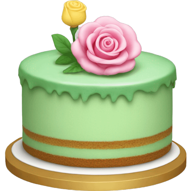 Green, round, cake. With small pink rose ontop emoji