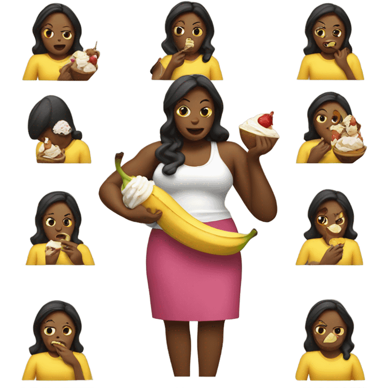 Heavy set woman eating a banana split emoji