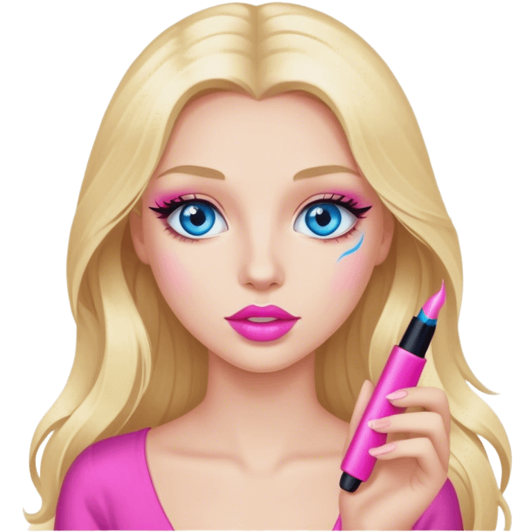 Cinematic realistic blonde with long hair, blue eyes and pink lips with mascara in her hands emoji