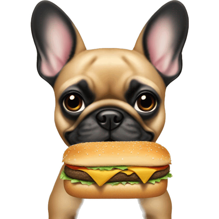 A fawn frenchie with a black snout eating a burger emoji