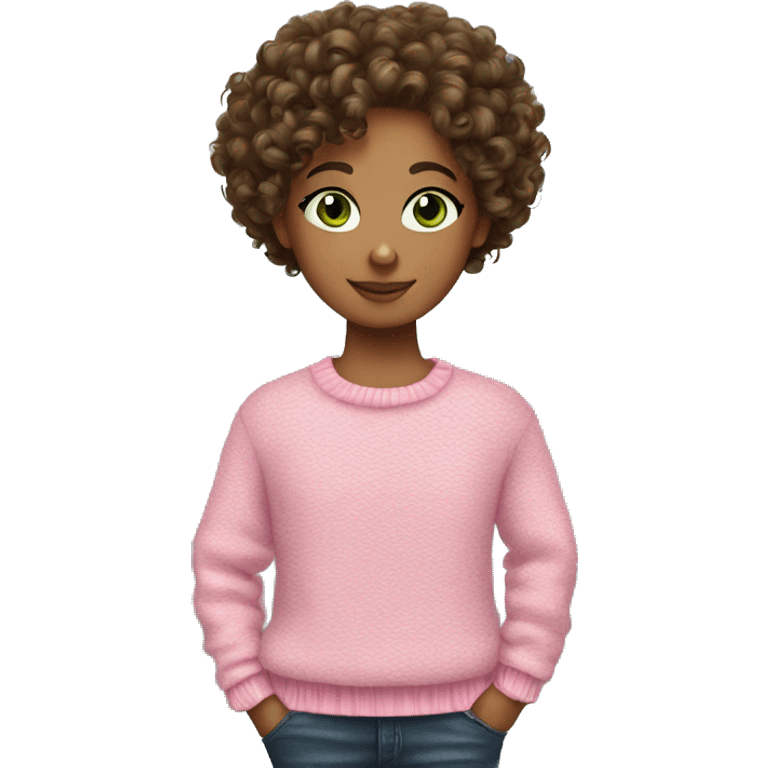 Brunette curly hair curl with green eyes and pink sweater emoji