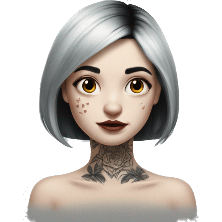 Hyperrealistic Pale girl with black hair arm tattoos emoji