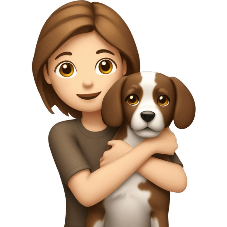 A girl with brown hair hugs a dog emoji