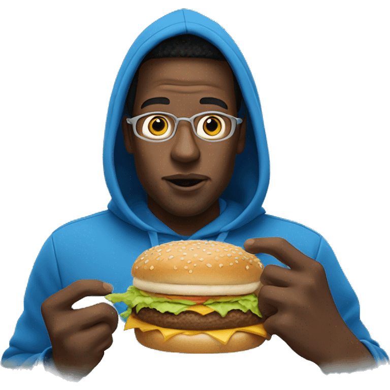 Man in blue hoodie eating Big Mac emoji