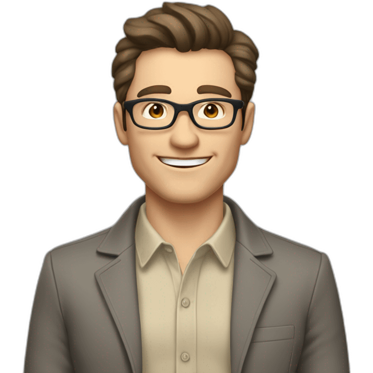 Joyful Pale skinned Fit Man With dark brown hair in gray jacket, beige office shirt, Brown pants and vintage glasses. His thrumbs up emoji