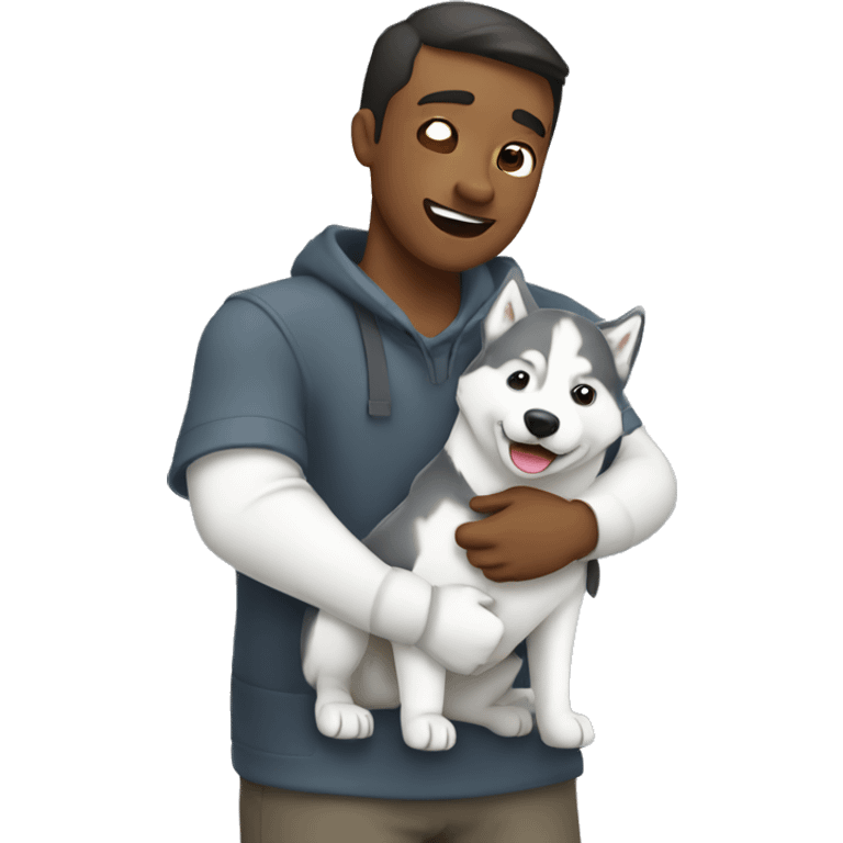 A man hugs a white and gray husky emoji