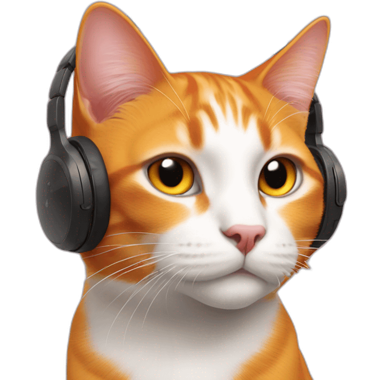 orange cat, pink nose, white nose bridge, white mouth, white chest, wearing red headphones emoji