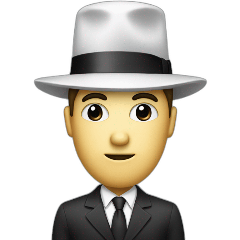 A man with a business suit and a white round head whith black round eyes and a black nose and a cone hat emoji