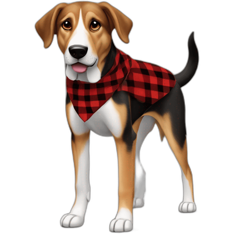 adult 75% Coonhound 25% German Shepherd mix dog with visible tail wearing small pointed red buffalo plaid bandana full body walking left quickly emoji