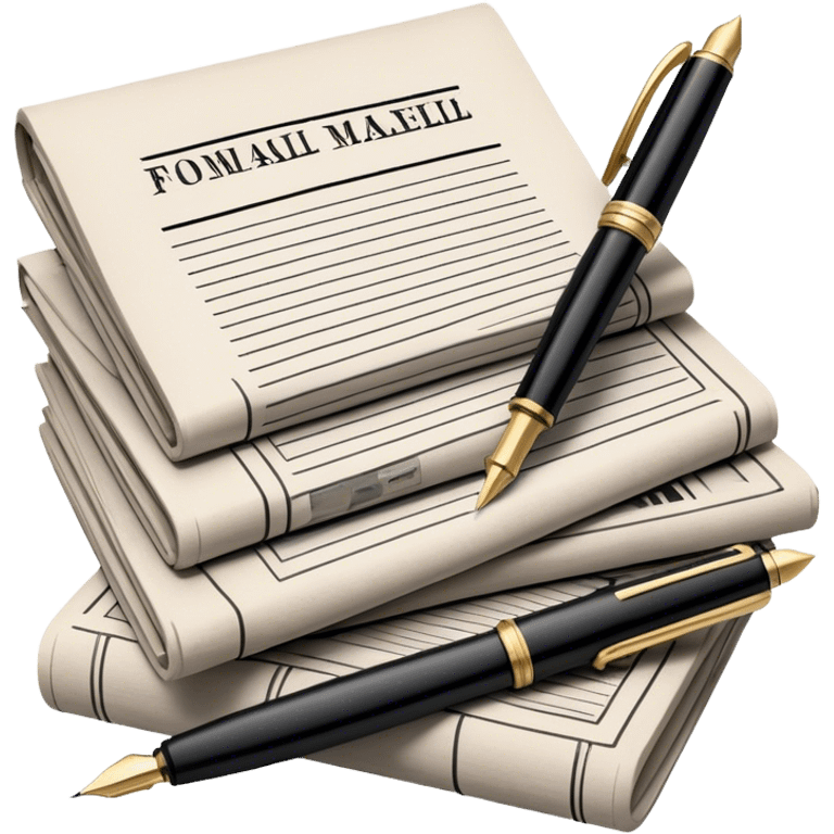 Create an emoji representing journalism and publicistic writing. The design should feature a stack of newspapers, an open notebook, and a single classic fountain pen placed on top of the notebook, symbolizing the act of writing. The scene should convey a sense of professionalism and thoughtful analysis. Use a neutral and professional color palette, with black, white, and muted tones. Do not include any emojis or smiley faces. Make the background transparent. emoji