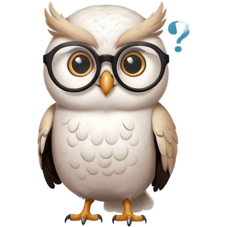 Small white elegant owl with glasses on looking at a puffy black question mark in a white thought bubble emoji