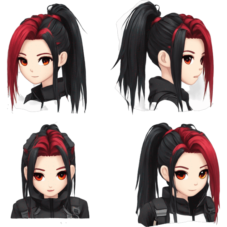 Gorgeous techwear anime style lady with blushing face aesthetic and pretty edgy black red punk hair with hair garment trending style emoji