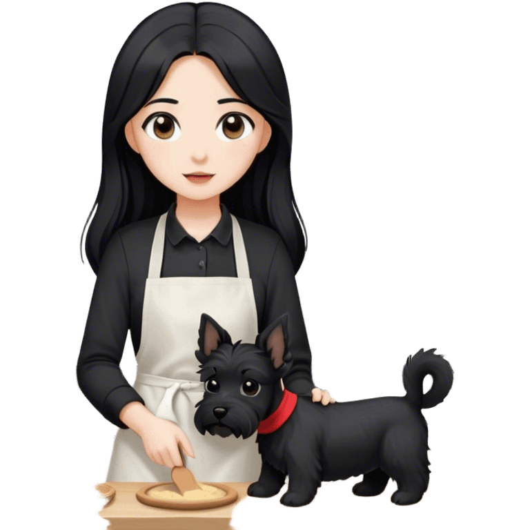 pale girl with long black hair wearing black long sleeve tshirt wearing apron and baking holding black floppy ear schnauzer no tail emoji