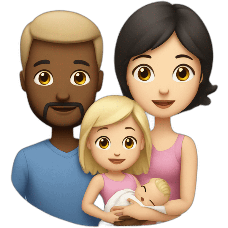 family; black haired dad, light brown haired mom, blonde haired 2 year old girl,  black haired pale newborn babybaby emoji