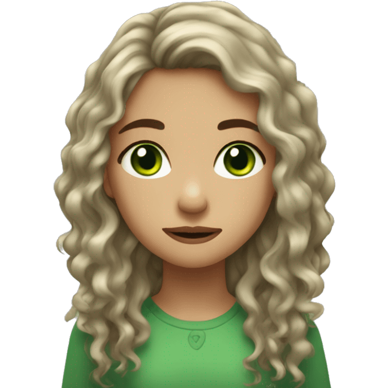 Girl with slighty curly long dark hair, green eyes and she cry emoji