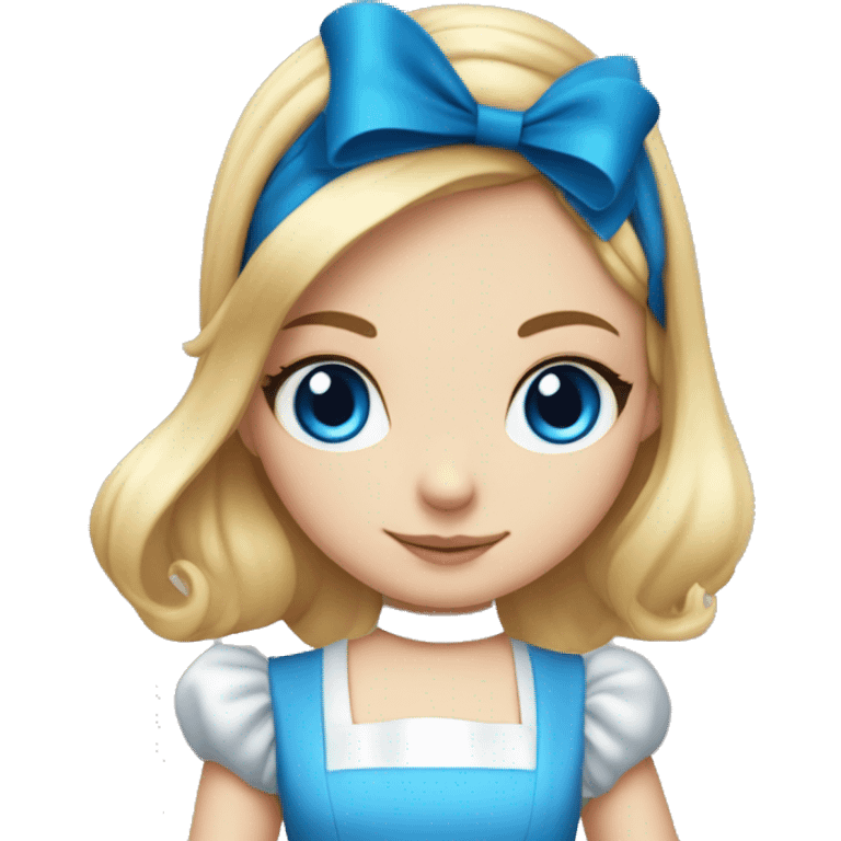 alice in wonderland, blonde girl with blue dress and white apron, blue eyes, black headband with bow on top  emoji