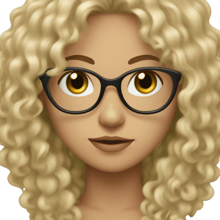 a girl with black glasses, green eyes, light skin and curly dark-blonde long hair with fringe emoji