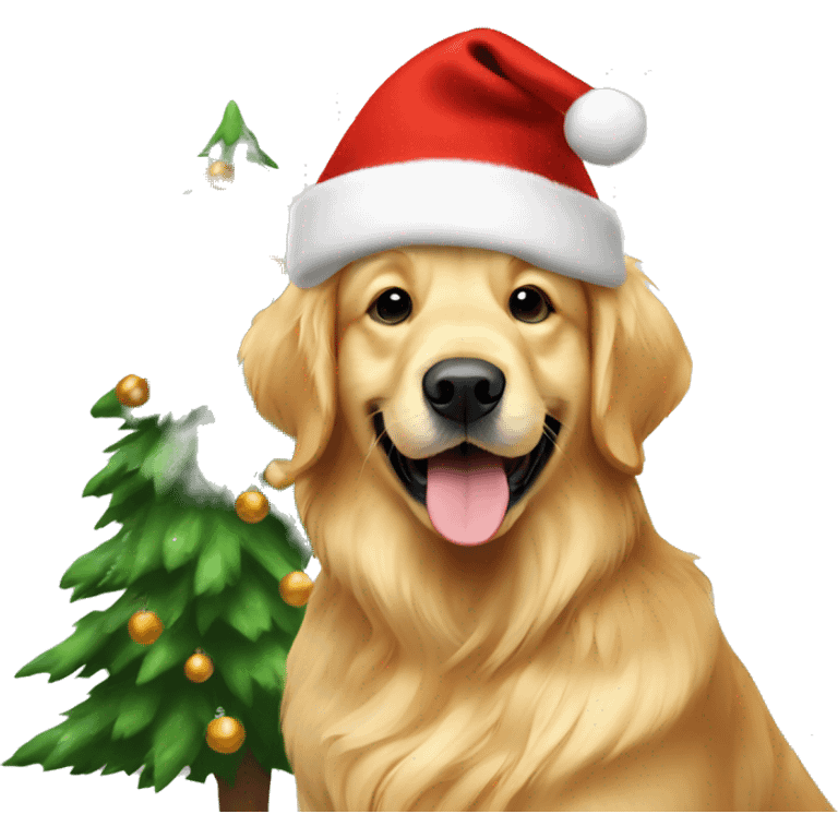 christmas golden retriever with christmas tree  emoji