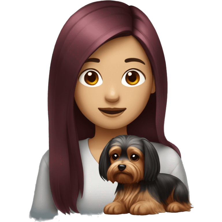 asian girl with long dark wine red hair with yorkshire terrier  emoji