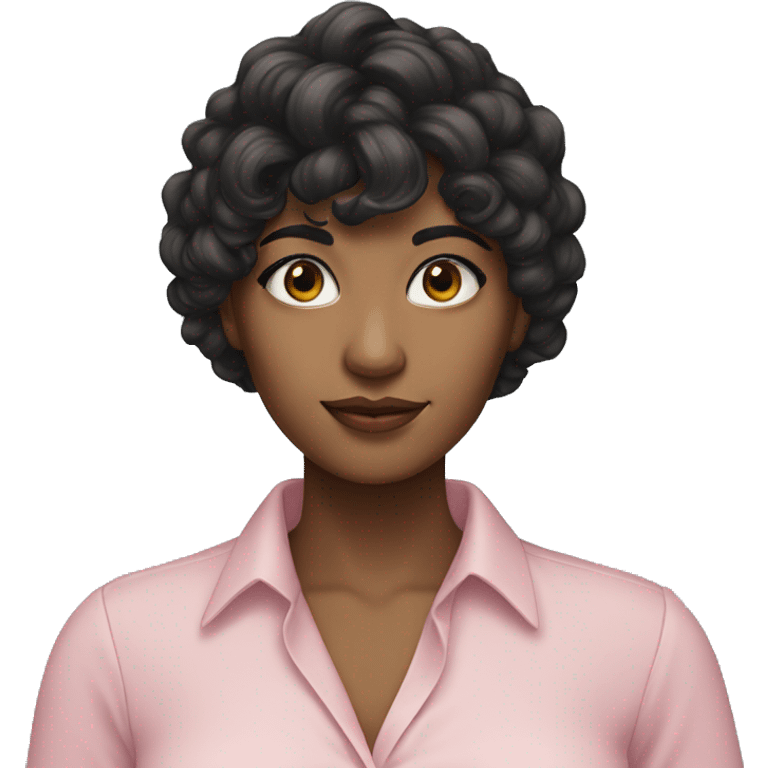 woman with long black curly hair and bangs and dark brown eyes, wearing a pastel pink blouse emoji