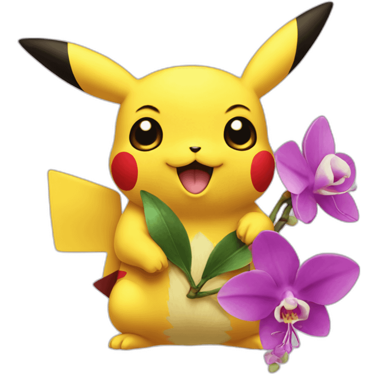 Pikachu holding an orchid emoji