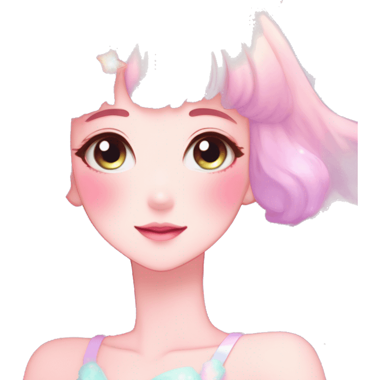 Gorgeous pastel anime style lady blushing nebula-gradient-sparkle face dreamy idol model colorful shiny stars galaxy kawaii cottagecore pearly petite simplistic aesthetic trending style emoji