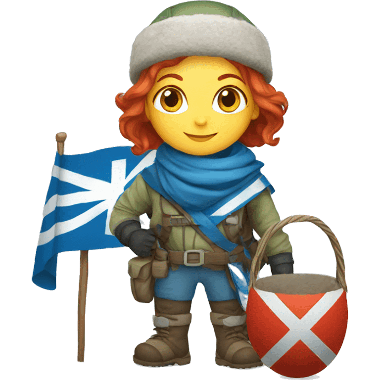 female winter mountaineer red hair holding greek flag and easter egg emoji