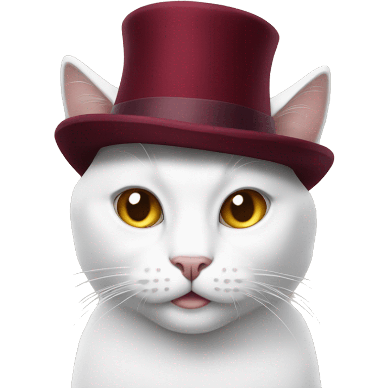 white cat with a New Year's burgundy hat on his head emoji