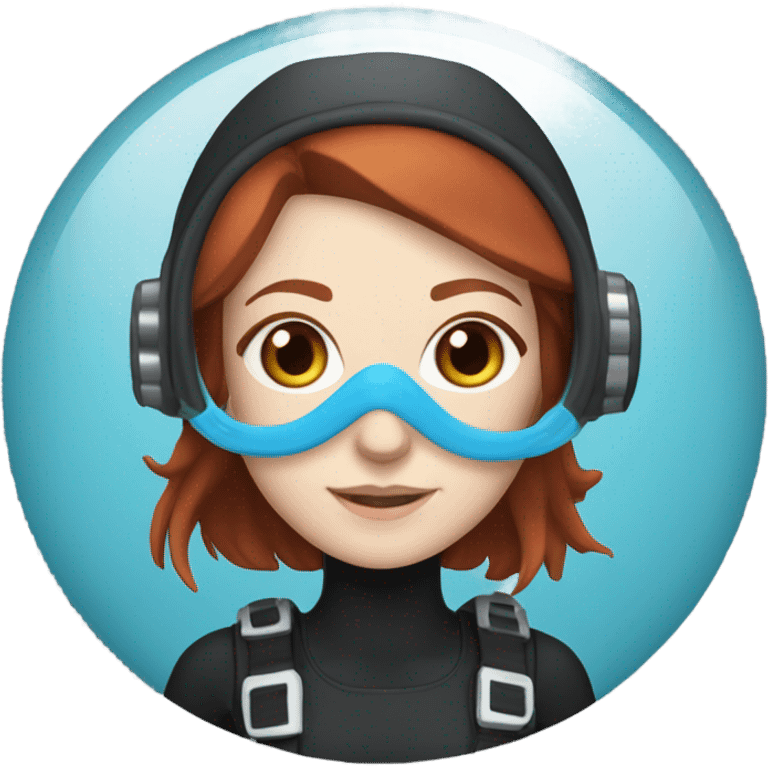 A young woman with red/ brown hair, blue eyes and pale skin in scuba diving gear with a light blue mask  emoji