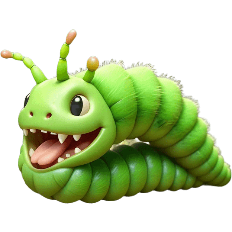 Cinematic Realistic Cute Yawning Caterpillar Portrait Emoji, Head tilted slightly with a dramatic, wide-open yawn, showcasing a soft, downy segmented body in vivid green with subtle drooping and half-closed, drowsy eyes, rendered with intricate natural texture and gentle shadows, high shine, relaxed yet expressive, styled with a dash of woodland charm, soft glowing outline, capturing the essence of a sleepy yet affectionate caterpillar that appears ready to stretch out and rest among the leaves! emoji