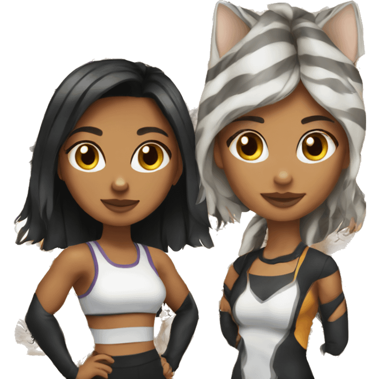 Girl with fitness body and black strait hair and Bengal cat emoji